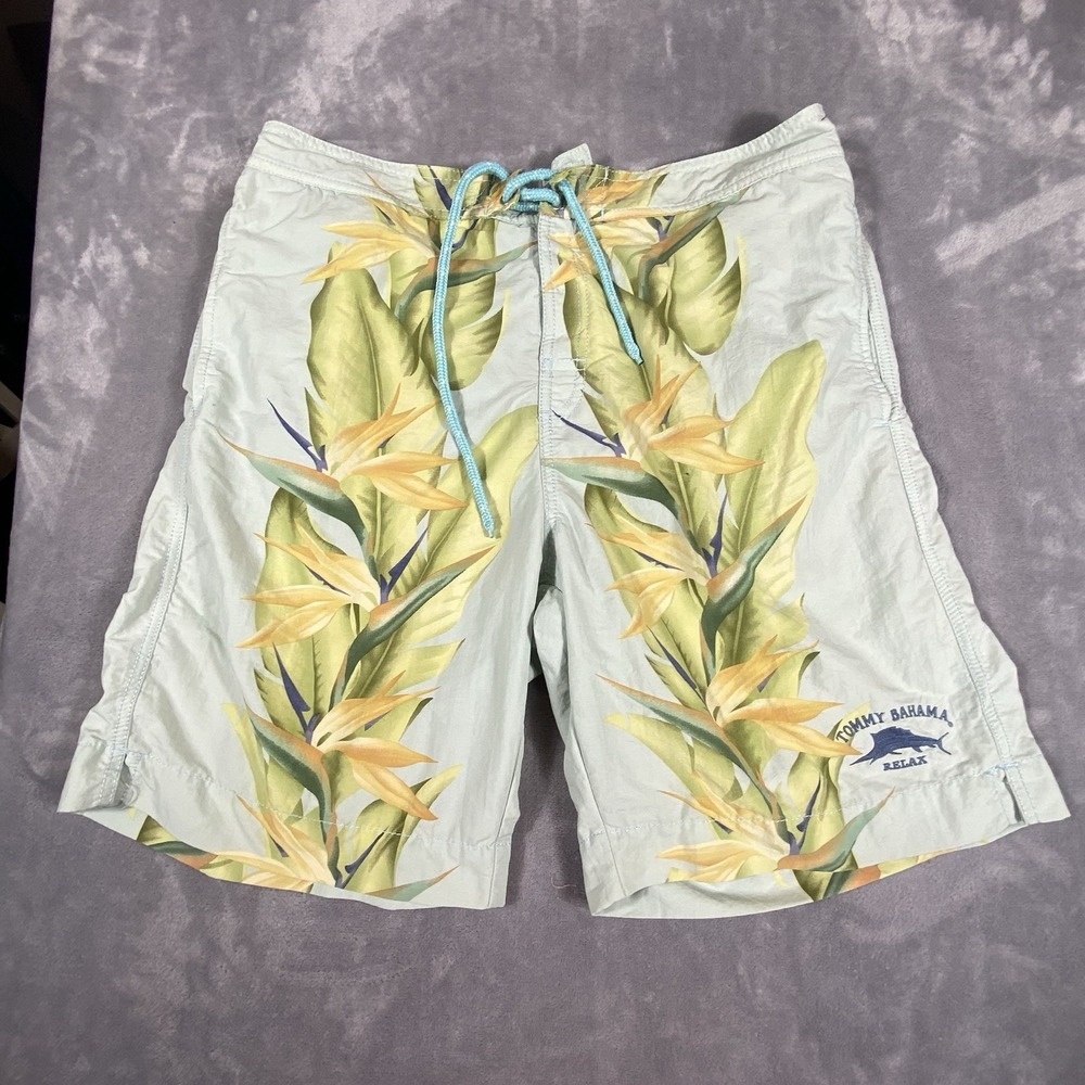 Tommy Bahama VTG Men Swim Trunks Medium Hawaiian Tropical Drawstring Shorts Surf